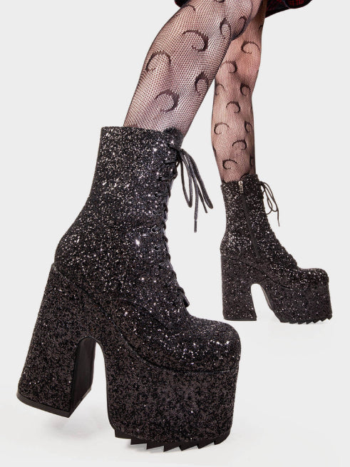 LAMODA SPOTLIGHT CHUNKY PLATFORM ANKLE BOOTS BLACK GLITTER