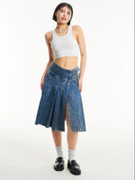 THE RAGGED PRIEST AGYNESS PLEATED DENIM MIDI SKIRT