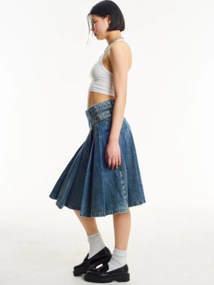 THE RAGGED PRIEST AGYNESS PLEATED DENIM MIDI SKIRT
