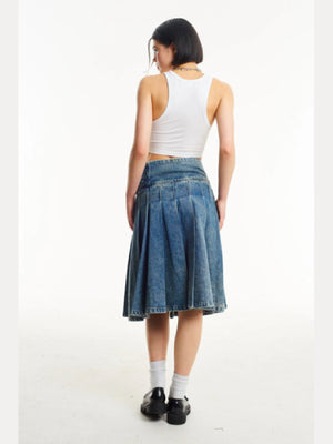 THE RAGGED PRIEST AGYNESS PLEATED DENIM MIDI SKIRT