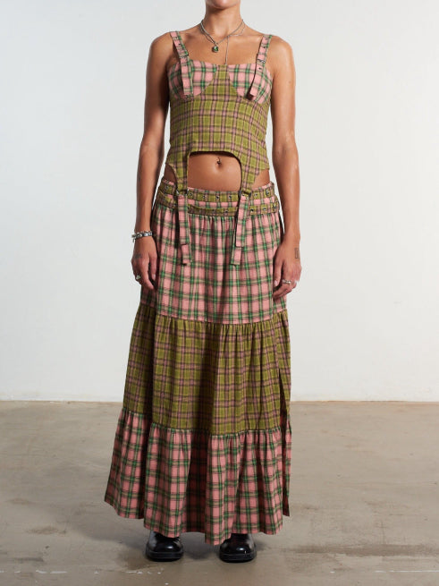 THE RAGGED PRIEST MIX CHECK MAXI SKIRT