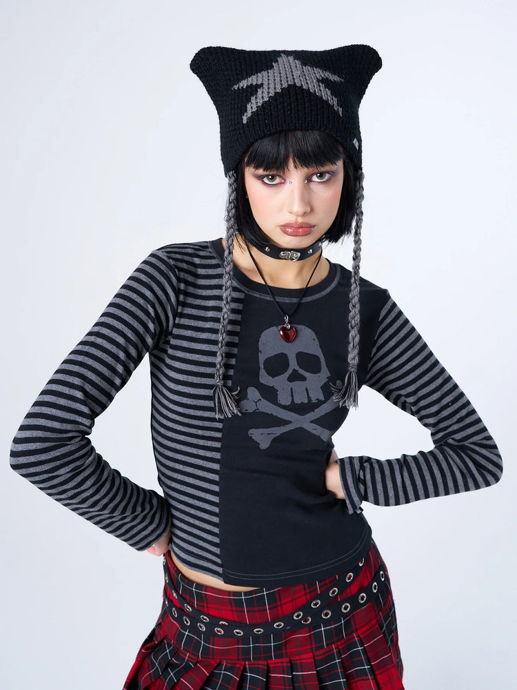 MINGA LONDON AVRIL GREY SKULL STRIPED TOP