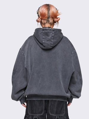 MINGA LONDON ENIGMATIC GREY WASH OVERSIZED ZIP UP HOODIE