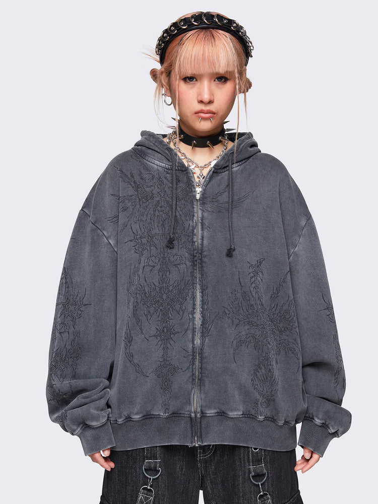 MINGA LONDON ENIGMATIC GREY WASH OVERSIZED ZIP UP HOODIE