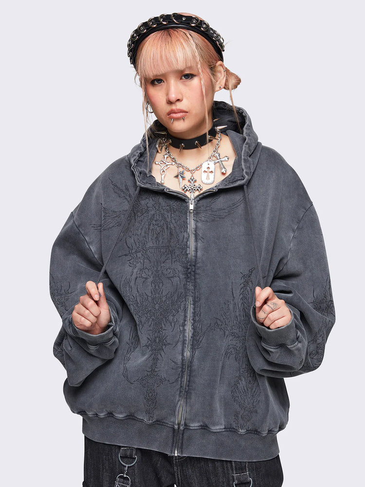 MINGA LONDON ENIGMATIC GREY WASH OVERSIZED ZIP UP HOODIE
