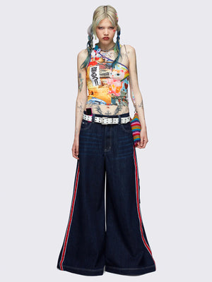 MINGA LONDON INDIGO SIDE-PANEL WIDE LEG JEANS