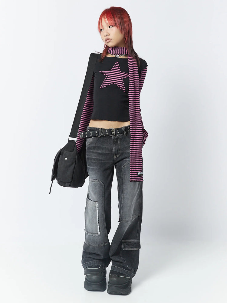 MINGA LONDON LOST STAR PINK BLACK STRIPED LONGSLEEVE