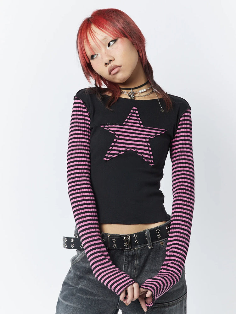 MINGA LONDON LOST STAR PINK BLACK STRIPED LONGSLEEVE