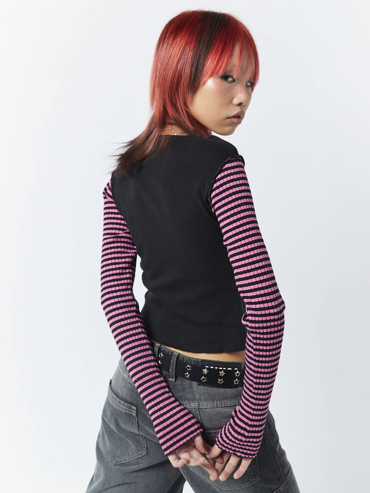 MINGA LONDON LOST STAR PINK BLACK STRIPED LONGSLEEVE