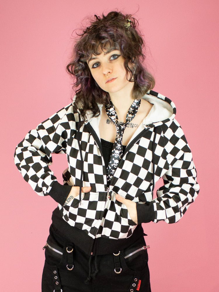 BLACK WHITE CHECKER ZIP UP