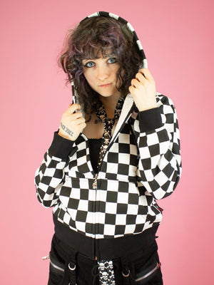 BLACK WHITE CHECKER ZIP UP