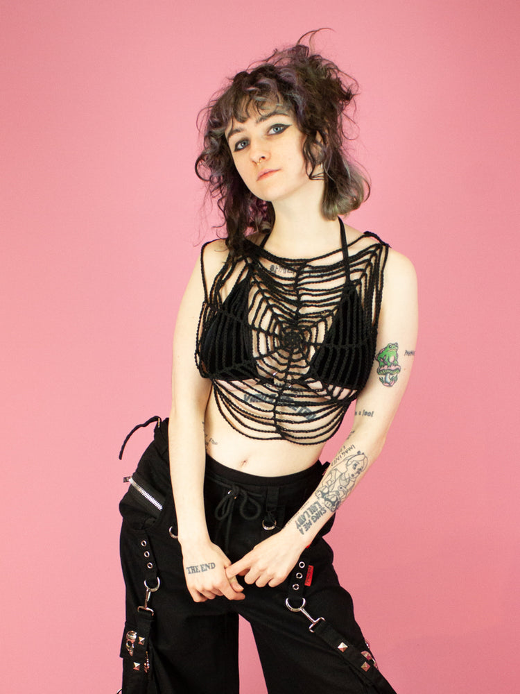 
            
                Load image into Gallery viewer, CROCHET AND COBWEBS SPIDERWEB BLACK TOP
            
        