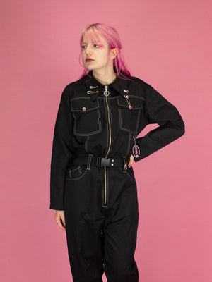 NIKINKY TRASHI OVERALL BLACK WITH WHITE STITCHING