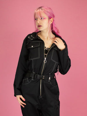 NIKINKY TRASHI OVERALL BLACK WITH WHITE STITCHING