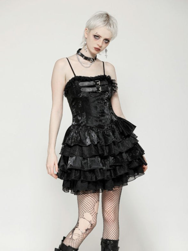 DARK IN LOVE DW1035 PUNK SHINY PU LEATHER LAYERED DRESS