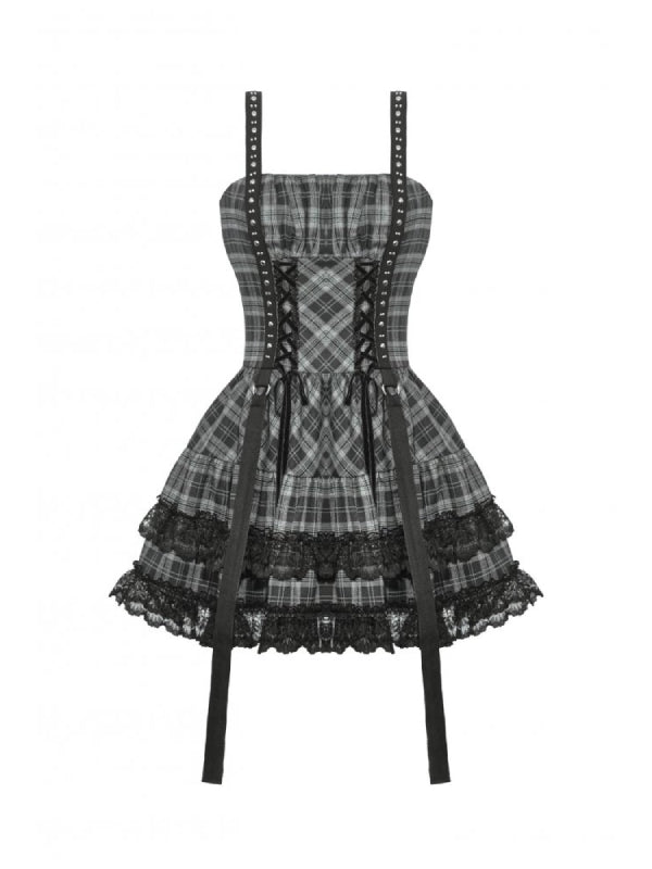 DARK IN LOVE DW1051 PUNK GREY PLAID METAL STUDDED DRESS