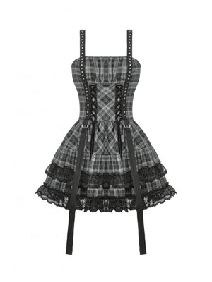 DARK IN LOVE DW1051 PUNK GREY PLAID METAL STUDDED DRESS