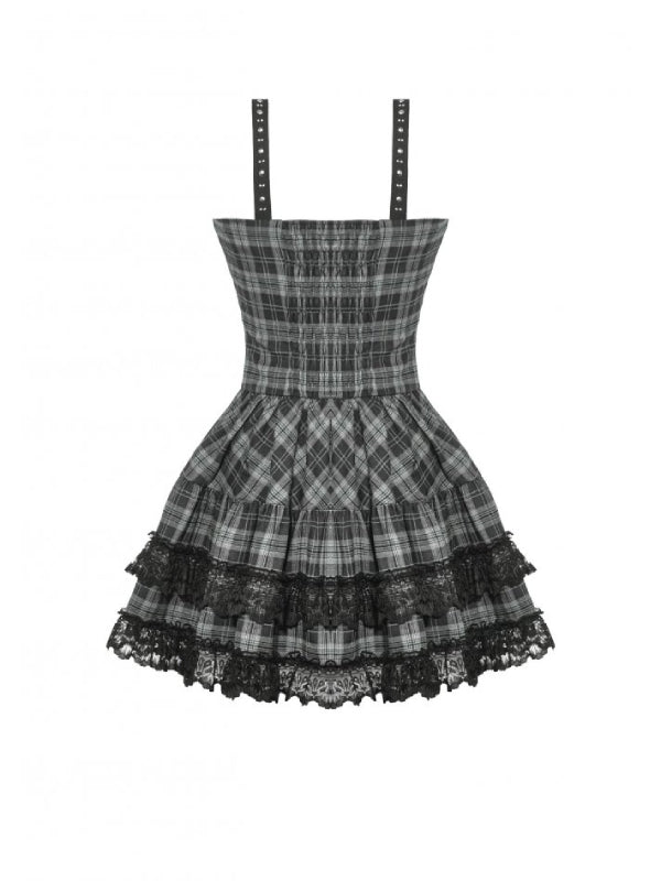 DARK IN LOVE DW1051 PUNK GREY PLAID METAL STUDDED DRESS