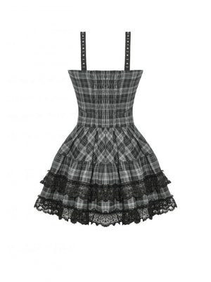 DARK IN LOVE DW1051 PUNK GREY PLAID METAL STUDDED DRESS