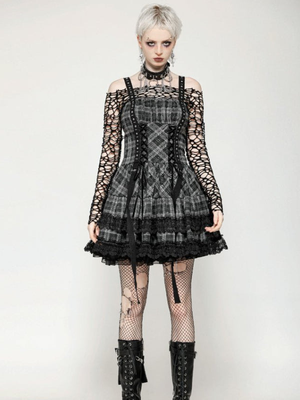DARK IN LOVE DW1051 PUNK GREY PLAID METAL STUDDED DRESS