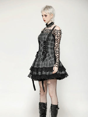 DARK IN LOVE DW1051 PUNK GREY PLAID METAL STUDDED DRESS