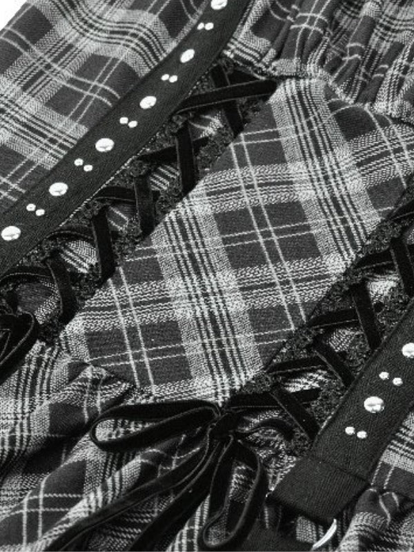 DARK IN LOVE DW1051 PUNK GREY PLAID METAL STUDDED DRESS