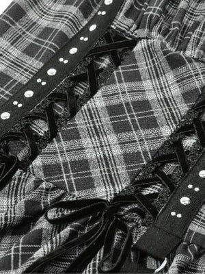 DARK IN LOVE DW1051 PUNK GREY PLAID METAL STUDDED DRESS