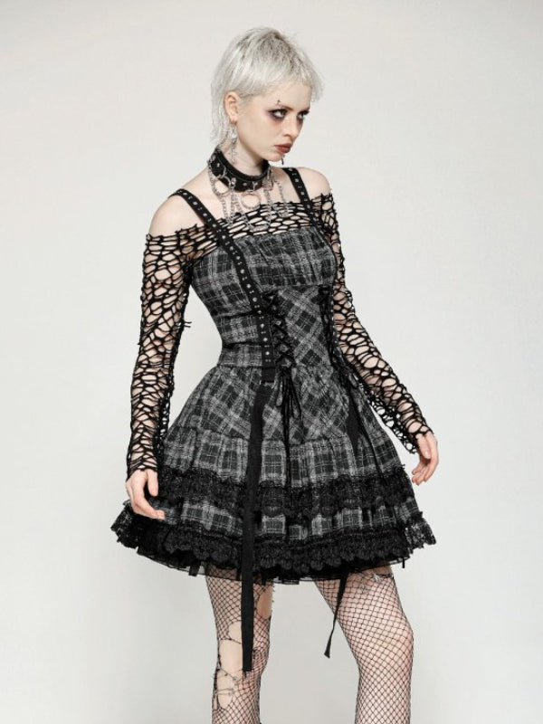 DARK IN LOVE DW1051 PUNK GREY PLAID METAL STUDDED DRESS