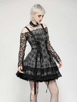 DARK IN LOVE DW1051 PUNK GREY PLAID METAL STUDDED DRESS