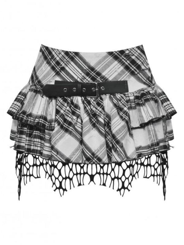 DARK IN LOVE KW373 PUNK BLACK AND WHITE CHECKERED ASYMMETRICAL MESSY NET SKIRT