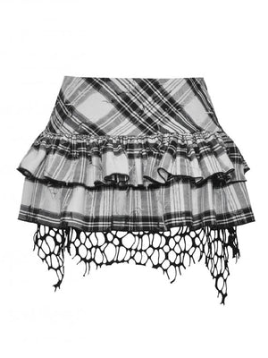 DARK IN LOVE KW373 PUNK BLACK AND WHITE CHECKERED ASYMMETRICAL MESSY NET SKIRT