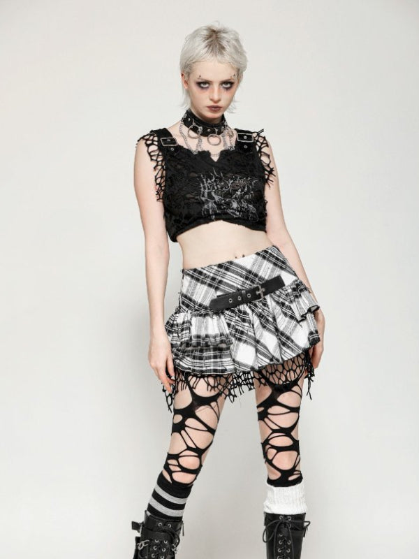 DARK IN LOVE KW373 PUNK BLACK AND WHITE CHECKERED ASYMMETRICAL MESSY NET SKIRT