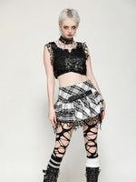 DARK IN LOVE KW373 PUNK BLACK AND WHITE CHECKERED ASYMMETRICAL MESSY NET SKIRT