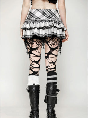 DARK IN LOVE KW373 PUNK BLACK AND WHITE CHECKERED ASYMMETRICAL MESSY NET SKIRT