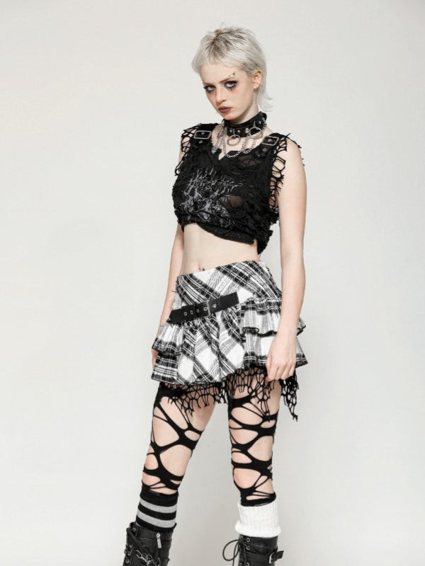 DARK IN LOVE KW373 PUNK BLACK AND WHITE CHECKERED ASYMMETRICAL MESSY NET SKIRT
