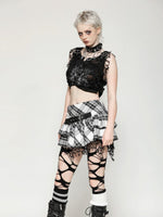 DARK IN LOVE KW373 PUNK BLACK AND WHITE CHECKERED ASYMMETRICAL MESSY NET SKIRT