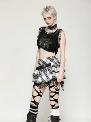 DARK IN LOVE KW373 PUNK BLACK AND WHITE CHECKERED ASYMMETRICAL MESSY NET SKIRT