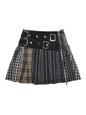 DARK IN LOVE KW380 COLORFUL PLAID PATCHWORK LEATHER WAIST SKIRT