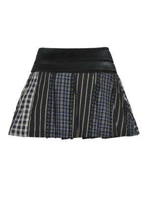 DARK IN LOVE KW380 COLORFUL PLAID PATCHWORK LEATHER WAIST SKIRT