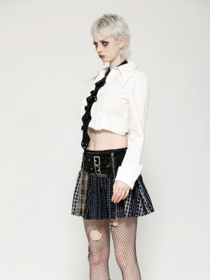 DARK IN LOVE KW380 COLORFUL PLAID PATCHWORK LEATHER WAIST SKIRT