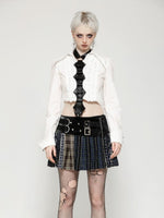 DARK IN LOVE KW380 COLORFUL PLAID PATCHWORK LEATHER WAIST SKIRT