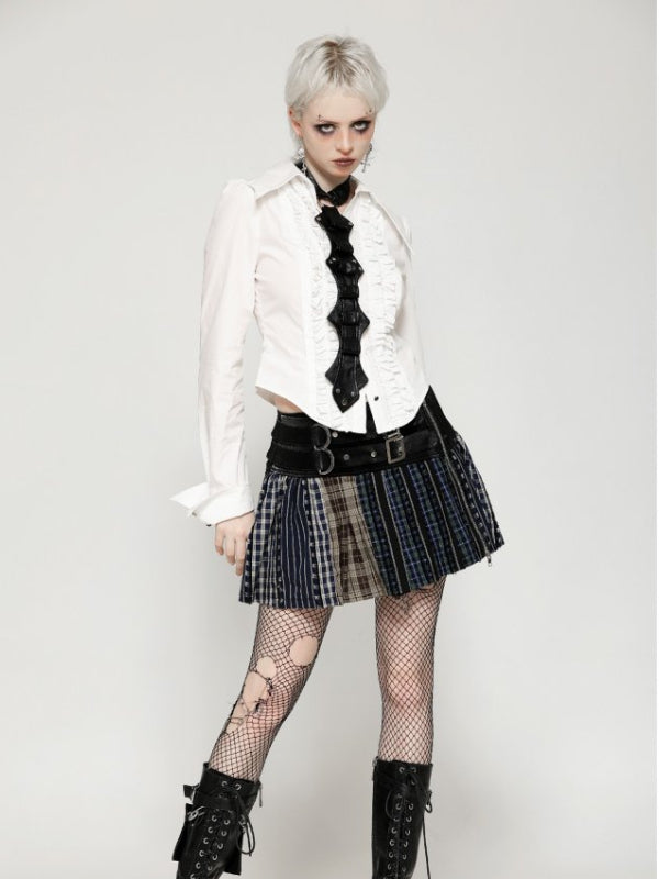 DARK IN LOVE KW380 COLORFUL PLAID PATCHWORK LEATHER WAIST SKIRT