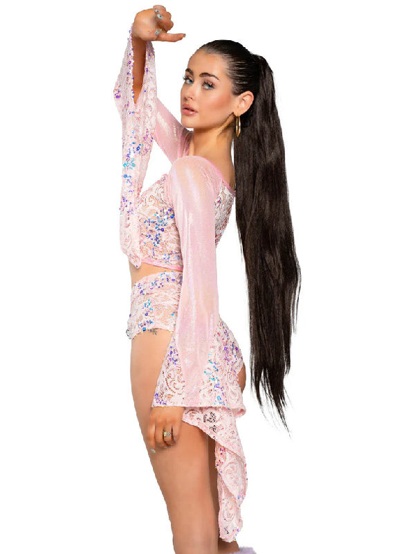 J VALENTINE PINK SEQUIN MESH FLAIR SLEEVE TOP JR171