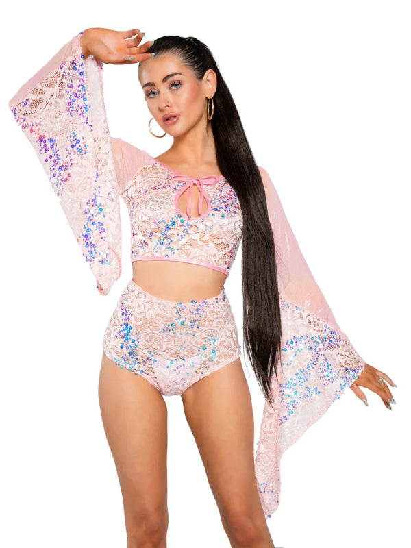 J VALENTINE PINK SEQUIN MESH FLAIR SLEEVE TOP JR171