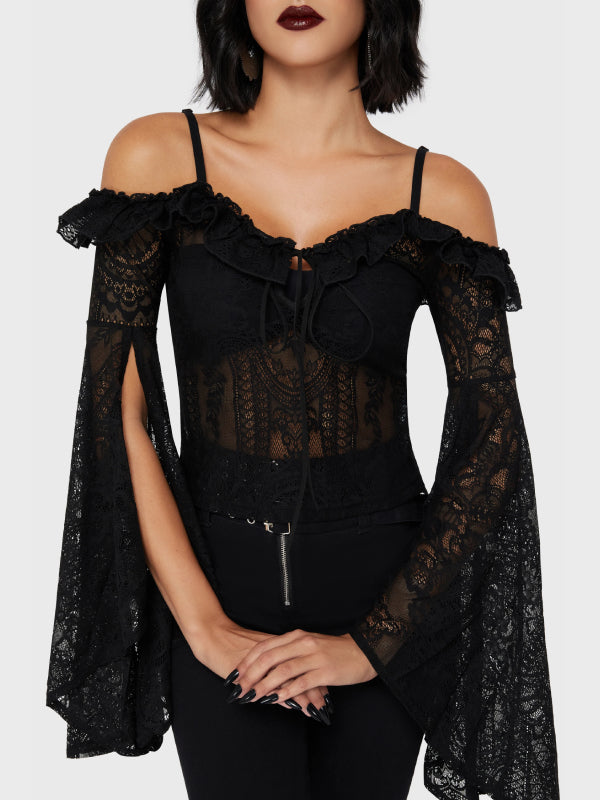 KILLSTAR BREATHLESS LACE BARDOT TOP BLACK