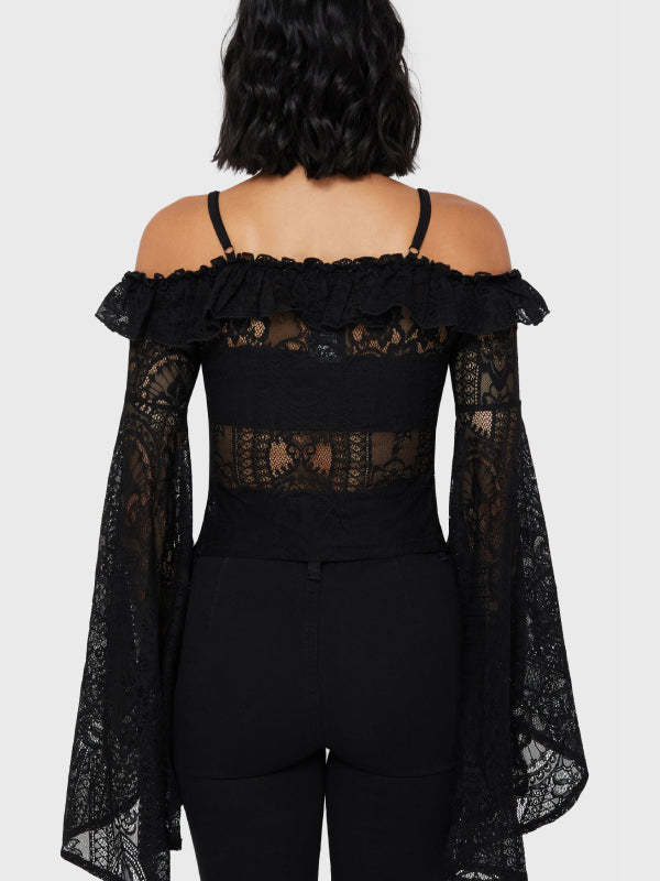 KILLSTAR BREATHLESS LACE BARDOT TOP BLACK