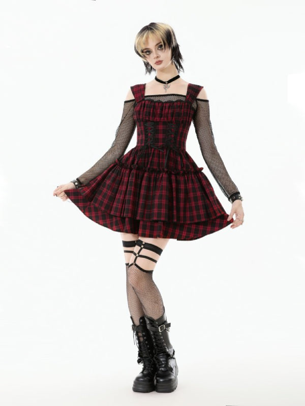 DARK IN LOVE DW1118 RED PLAID LAYERED CAKE DRESS