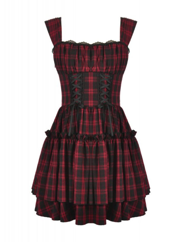 DARK IN LOVE DW1118 RED PLAID LAYERED CAKE DRESS