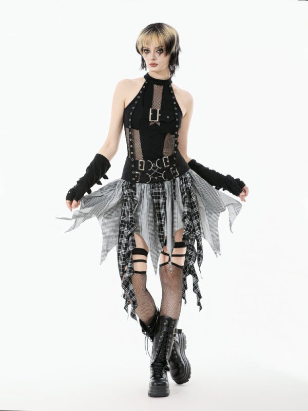 DARK IN LOVE  KW411 BLACK WHITE PLAID PATCHWORK SKIRT