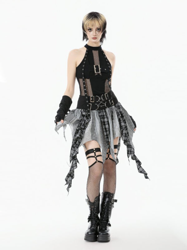 DARK IN LOVE  KW411 BLACK WHITE PLAID PATCHWORK SKIRT